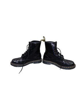 Dr. Martens Womens Black Patent Leather Lace-Up Boots Size 8 With Embossed Flora